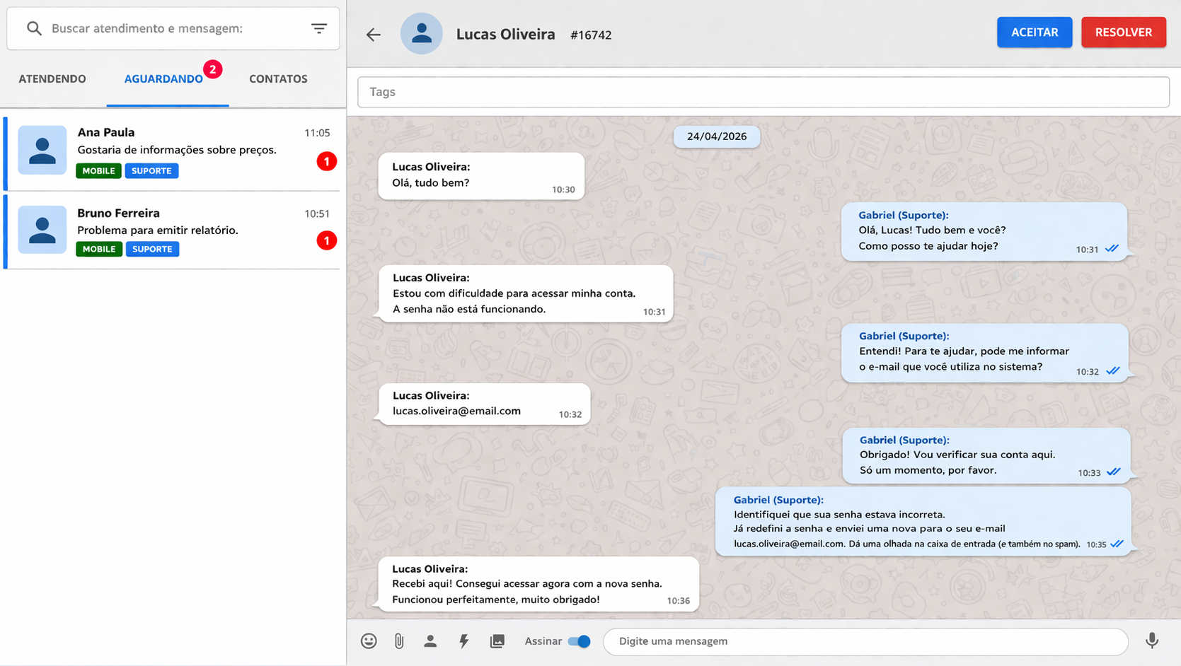 Preview do modulo de conversas integrado com WhatsApp